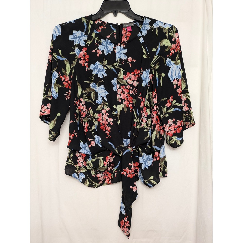 Vince Camuto Womens Floral Tie Front Peplum Blouse Black Blue M
